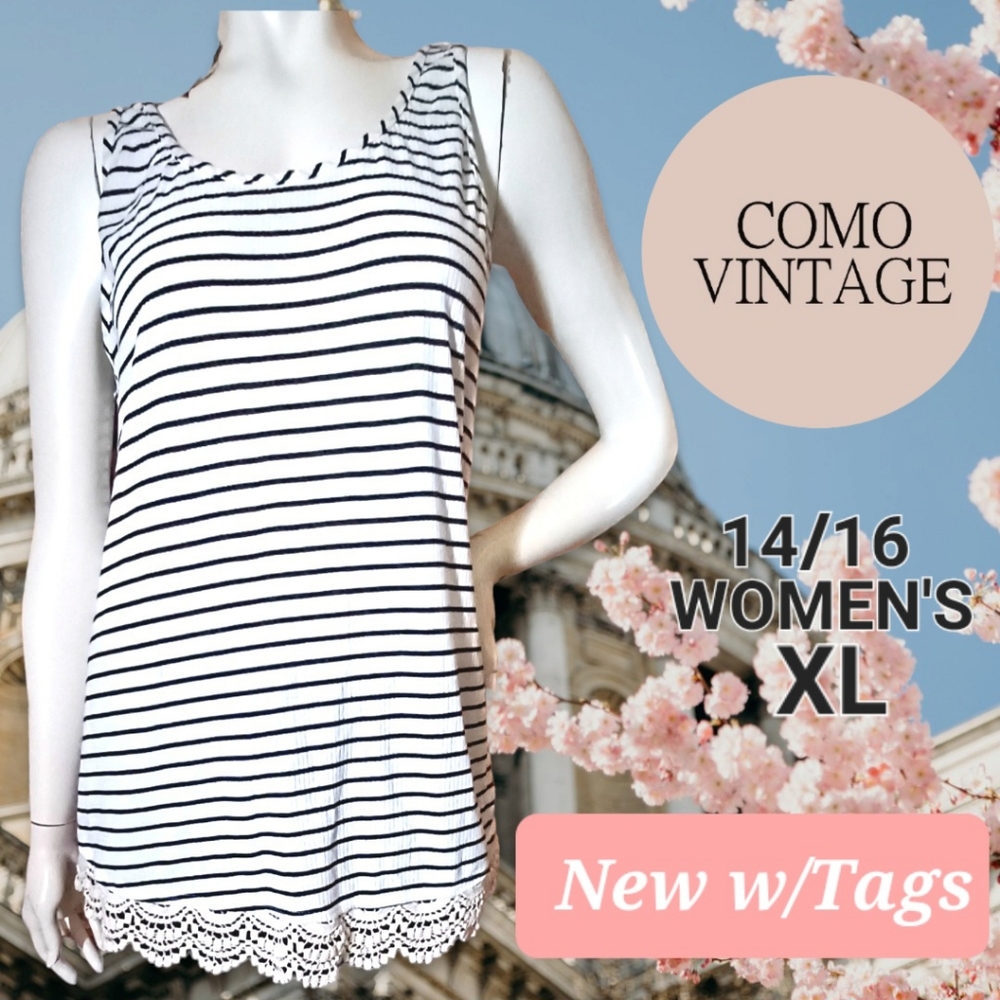 UO New w/Tags Ribbed Black White Striped Tank Top Crocheted Lace Trim XL 14/16